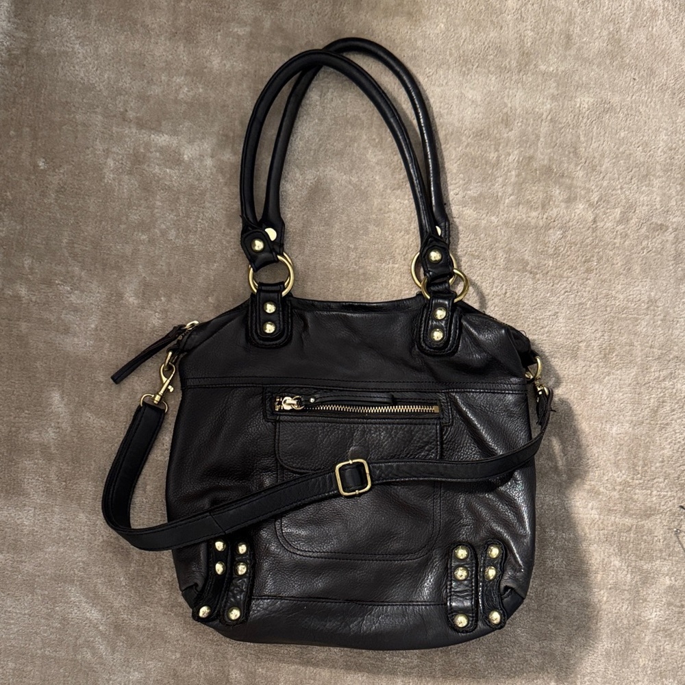 Linea Pelle Black Leather Shoulder Bag with Gold Accents | Vintage Henri Bendel